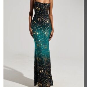 Elegant Black and Teal Floral Dress